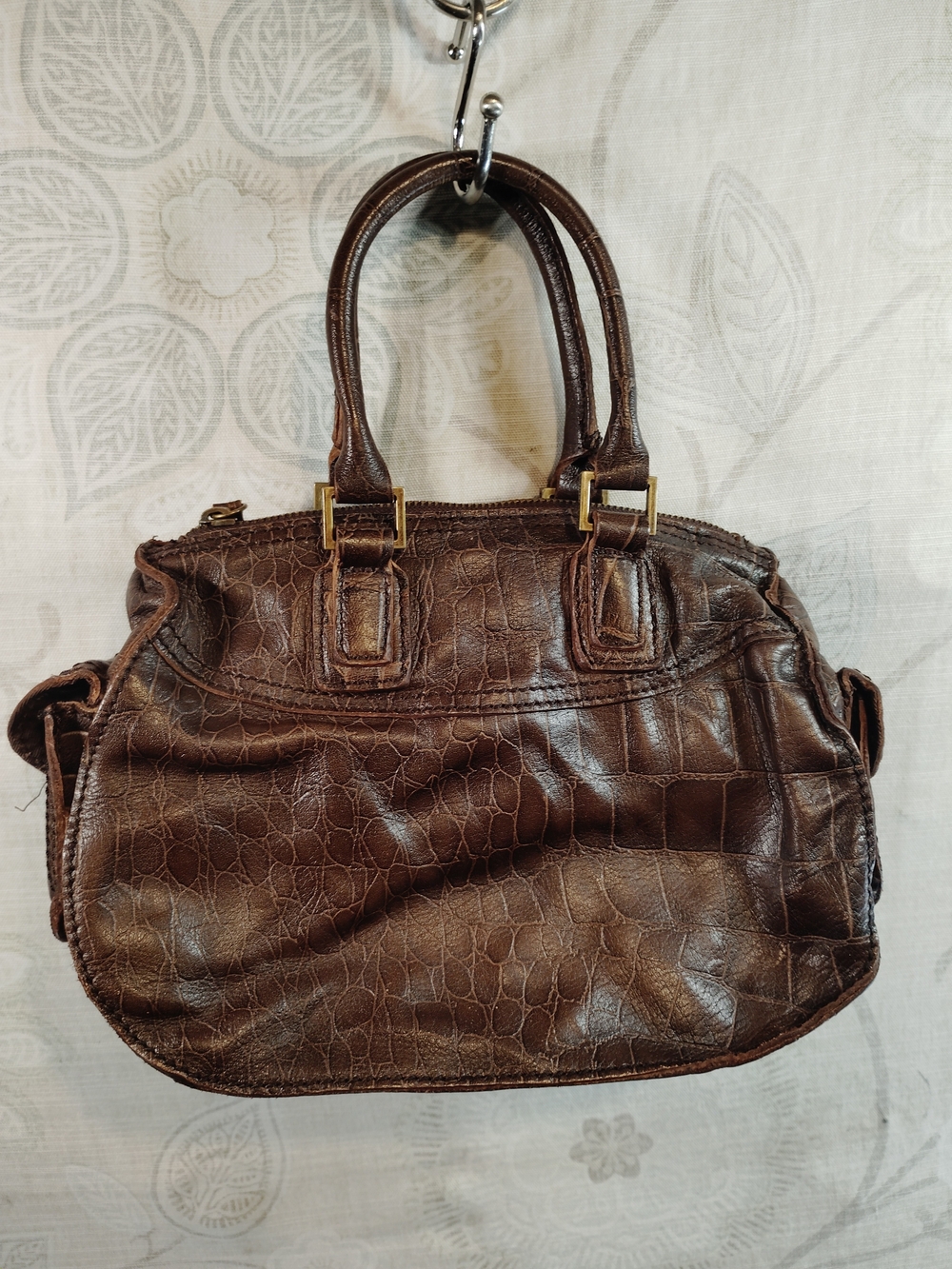 United Colors Of Benetton Dark Brown Genuine Leather Croc-Embossed  Bag
